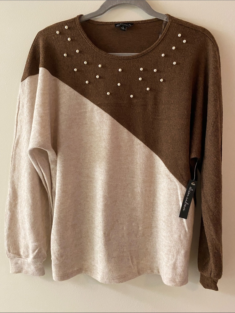 Alison Andrew’s Diagonal Brown and Cream Crewneck Sweater with Pearl Accents